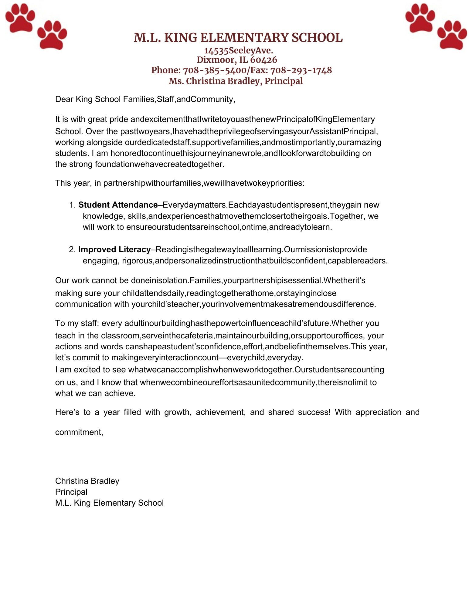 Principal's Letter English